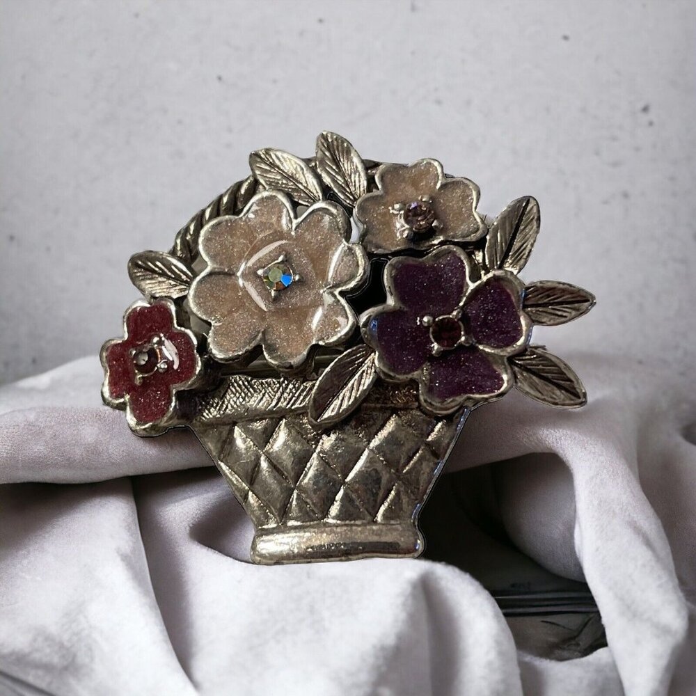 Liz Claiborne Shimmer Enamel Flower Basket Brooch w/ AB Rhinestones‎ Silver Tone